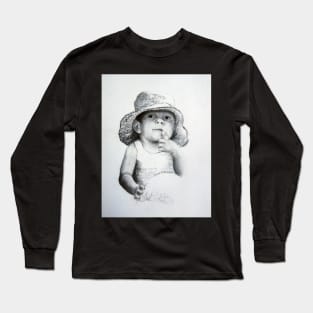 Child in Hat  - Drawing by Avril Thomas - Adelaide Artist Long Sleeve T-Shirt